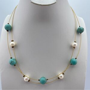Elegant Betinis Santorini Gold Wire Necklace Turquoise & Pearl Beads Greece